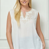 Sleeveless Embroidered Yoke Split Neck Blouse in White  - Plus