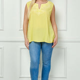 Sleeveless Embroidered Yoke Split Neck Blouse in Yellow - Plus