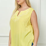 Sleeveless Embroidered Yoke Split Neck Blouse in Yellow - Plus