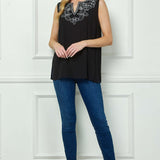 Sleeveless Embroidered Yoke Split Neck Blouse in Black