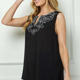 Sleeveless Embroidered Yoke Split Neck Blouse in Black