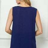 Sleeveless Embroidered Yoke Split Neck Blouse in Navy