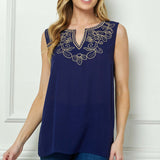 Sleeveless Embroidered Yoke Split Neck Blouse in Navy