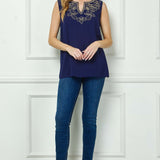 Sleeveless Embroidered Yoke Split Neck Blouse in Navy