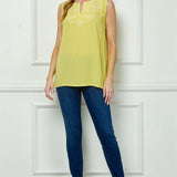 Sleeveless Embroidered Yoke Split Neck Blouse in Yellow