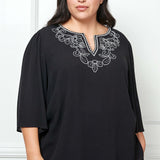 Roz and Ali 3/4 Flare Sleeve Embroidered Yoke Tunic in Black - Plus