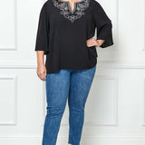 Roz and Ali 3/4 Flare Sleeve Embroidered Yoke Tunic in Black - Plus