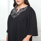 Roz and Ali 3/4 Flare Sleeve Embroidered Yoke Tunic in Black - Plus