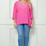 Roz and Ali 3/4 Flare Sleeve Embroidered Yoke Tunic in Pink - Plus