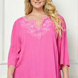 Roz and Ali 3/4 Flare Sleeve Embroidered Yoke Tunic in Pink - Plus