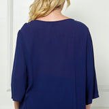 Roz and Ali 3/4 Flare Sleeve Embroidered Yoke Tunic in Navy - Plus
