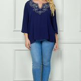 Roz and Ali 3/4 Flare Sleeve Embroidered Yoke Tunic in Navy - Plus