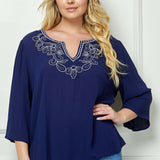 Roz and Ali 3/4 Flare Sleeve Embroidered Yoke Tunic in Navy - Plus