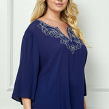 Roz and Ali 3/4 Flare Sleeve Embroidered Yoke Tunic in Navy - Plus