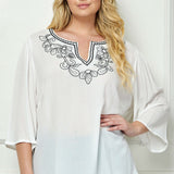 Roz and Ali 3/4 Flare Sleeve Embroidered Yoke Tunic in White - Plus