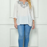 Roz and Ali 3/4 Flare Sleeve Embroidered Yoke Tunic in White - Plus