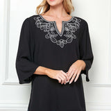 Roz and Ali 3/4 Flare Sleeve Embroidered Yoke Tunic in Black