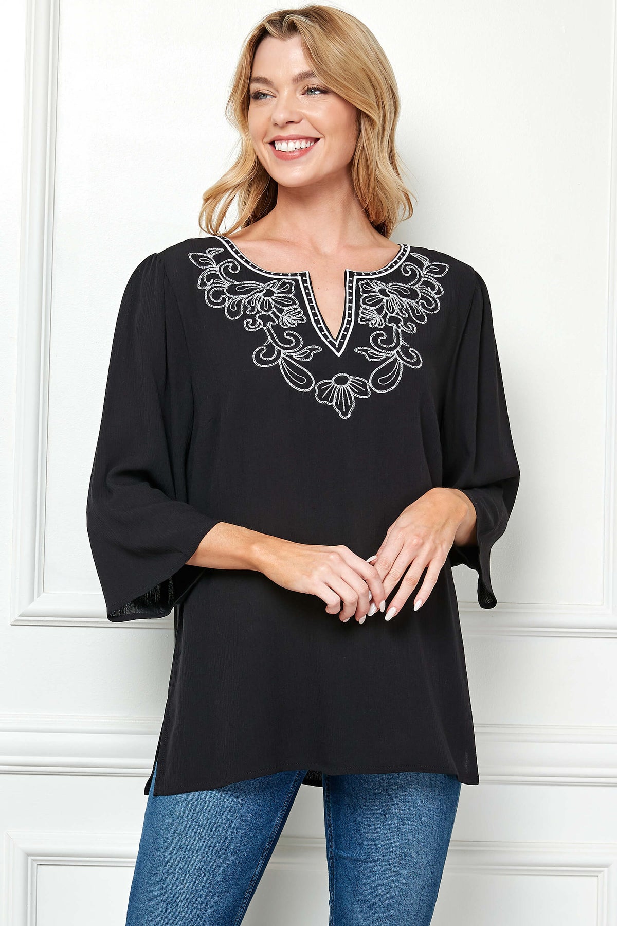 Roz and Ali 3/4 Flare Sleeve Embroidered Yoke Tunic in Black 