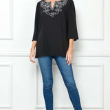 Roz and Ali 3/4 Flare Sleeve Embroidered Yoke Tunic in Black