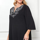 Roz and Ali 3/4 Flare Sleeve Embroidered Yoke Tunic in Black