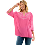 Roz and Ali 3/4 Flare Sleeve Embroidered Yoke Tunic in Pink