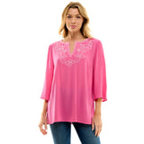Roz and Ali 3/4 Flare Sleeve Embroidered Yoke Tunic in Pink