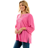 Roz and Ali 3/4 Flare Sleeve Embroidered Yoke Tunic in Pink