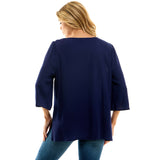 Roz and Ali 3/4 Flare Sleeve Embroidered Yoke Tunic in Navy