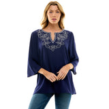Roz and Ali 3/4 Flare Sleeve Embroidered Yoke Tunic in Navy