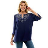 Roz and Ali 3/4 Flare Sleeve Embroidered Yoke Tunic in Navy