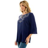 Roz and Ali 3/4 Flare Sleeve Embroidered Yoke Tunic in Navy