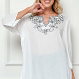 Roz and Ali 3/4 Flare Sleeve Embroidered Yoke Tunic in White