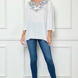 Roz and Ali 3/4 Flare Sleeve Embroidered Yoke Tunic in White