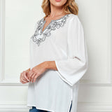 Roz and Ali 3/4 Flare Sleeve Embroidered Yoke Tunic in White