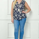 Sleeveless Ruffle Split Neck Tassel Blouse in Navy - Plus