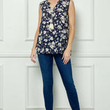 Sleeveless Ruffle Split Neck Tassel Blouse in Navy