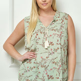 Sleeveless Ruffle Neck Tassel Blouse in Sage - Plus