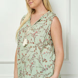 Sleeveless Ruffle Neck Tassel Blouse in Sage - Plus