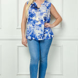 Sleeveless Ruffle Split Neck Tassel Blouse in Tan/Blue  - Plus