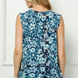 Sleeveless Ruffle Split Neck Tassel Blouse in Navy/Blue