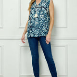 Sleeveless Ruffle Split Neck Tassel Blouse in Navy/Blue