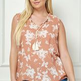 Sleeveless Ruffle Split Neck Tassel Blouse in Coral - Plus