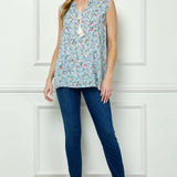Sleeveless Ruffle Neck Tassel Blouse in Blue