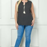 Sleeveless Ruffle Split Neck Tassel Blouse in Black - Plus