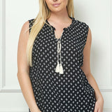 Sleeveless Ruffle Split Neck Tassel Blouse in Black - Plus