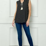 Sleeveless Ruffle Split Neck Tassel Blouse in Black