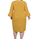 NY Collection Plus Size 3/4 Length Pearl Detail Dress- Mustard