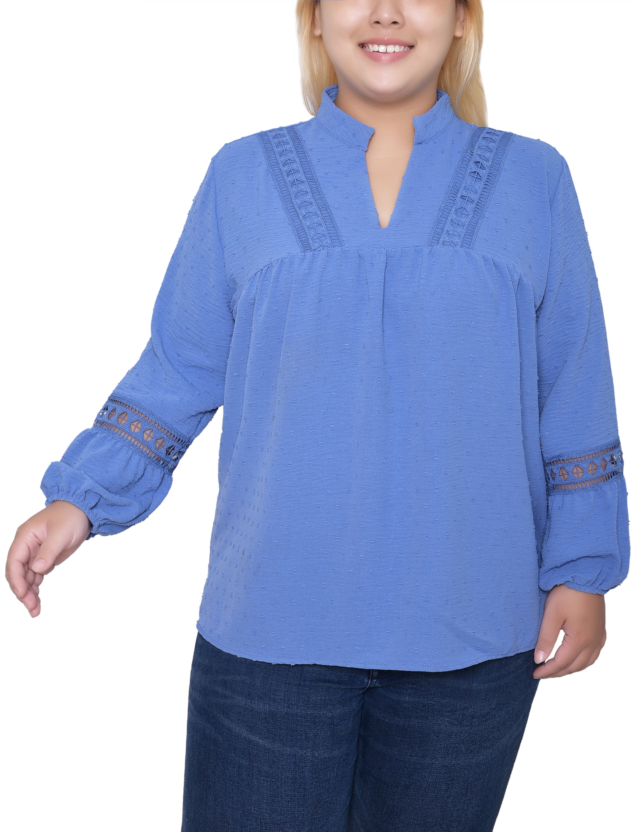 NY Collection Plus Size Long Sleeve Blouse With Crochet Trim