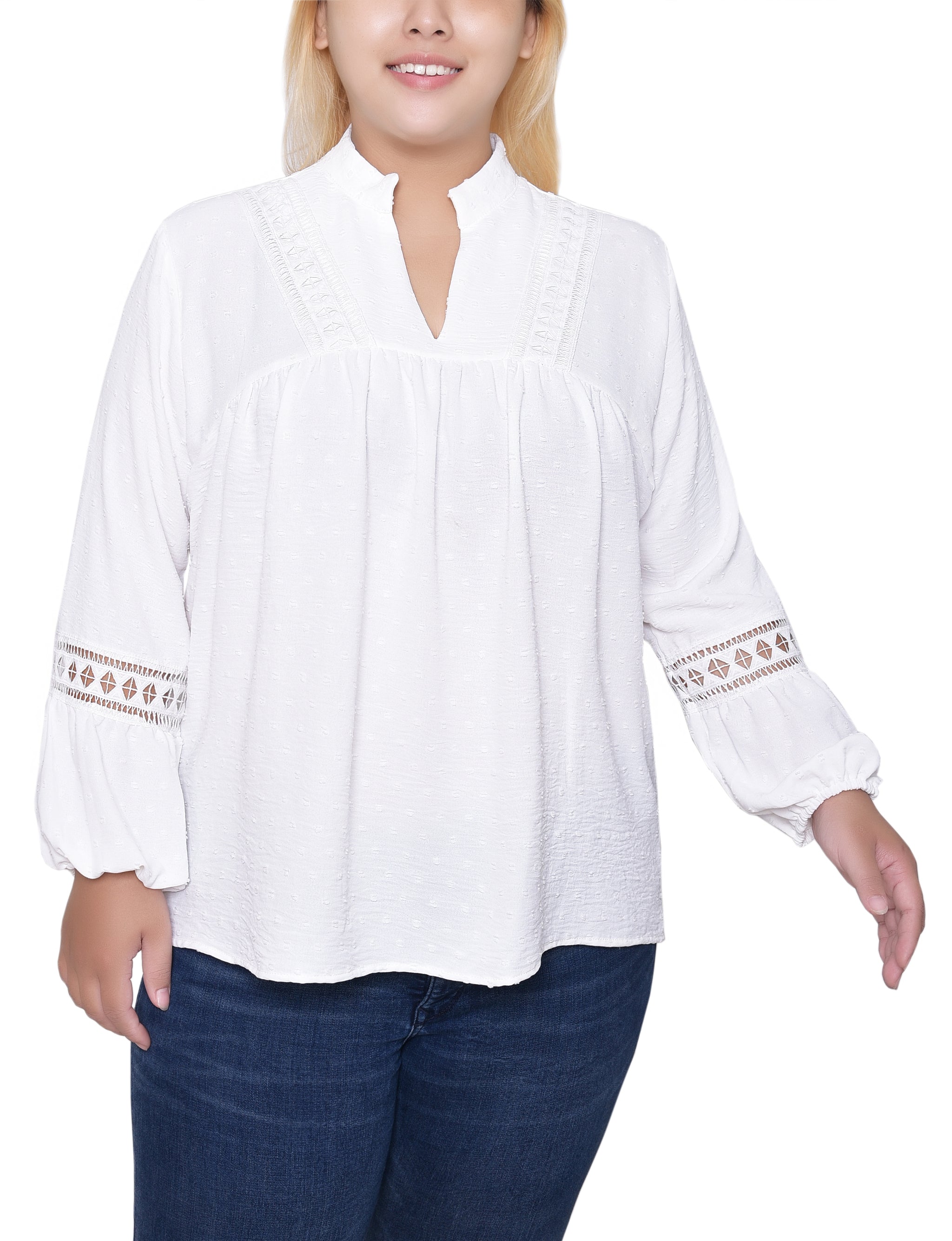 NY Collection Plus Size Long Sleeve Blouse With Crochet Trim