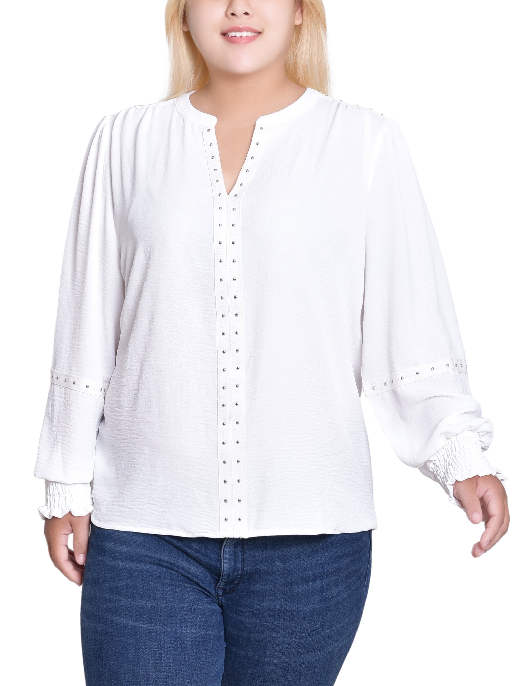 NY Collection Plus Size Long Sleeve Studded Blouse